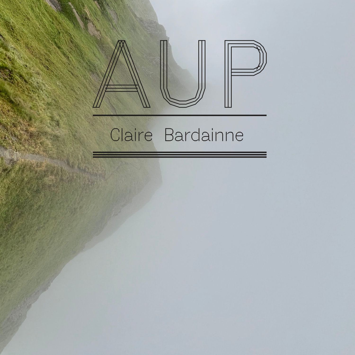 Un paysage montagneux baigné de brume et retourné à 90 degrès.